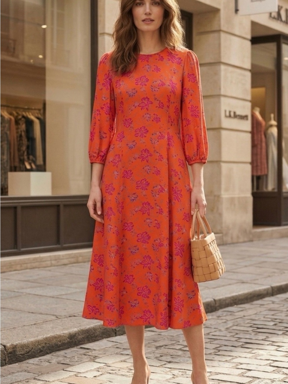 LK Bennett Orange Midi Dress with Pink Floral Print